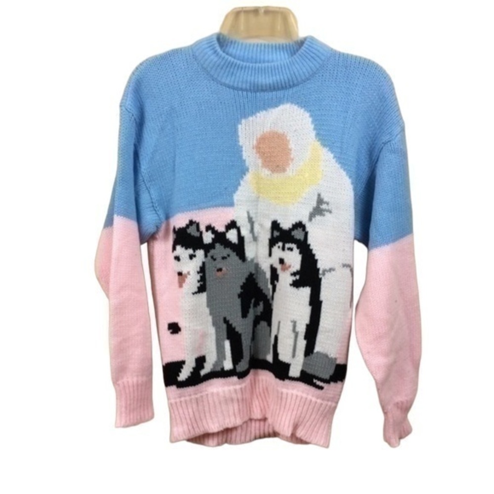 70s Empire Knitwear Dogsledding Sweater. Large. Nordic. Native
